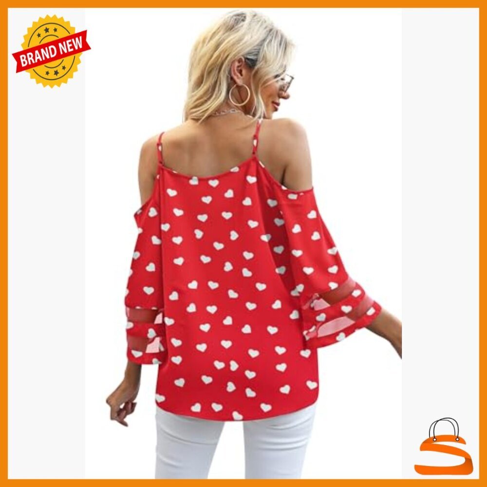 Women's Cold Shoulder Mesh Bell Sleeve Tee Adjustable Strap Loose Fit Top - Picture 4 of 7